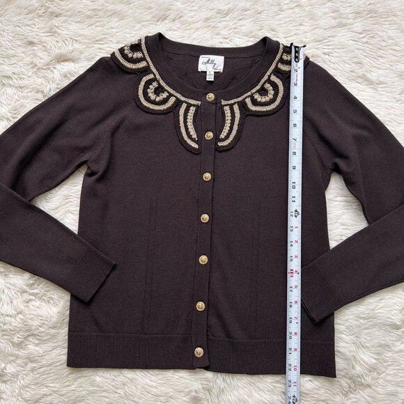 Milly of New York Cardigan Sweater Large Brown Silk Gold Crochet Embroidery Chic - Picture 11 of 15